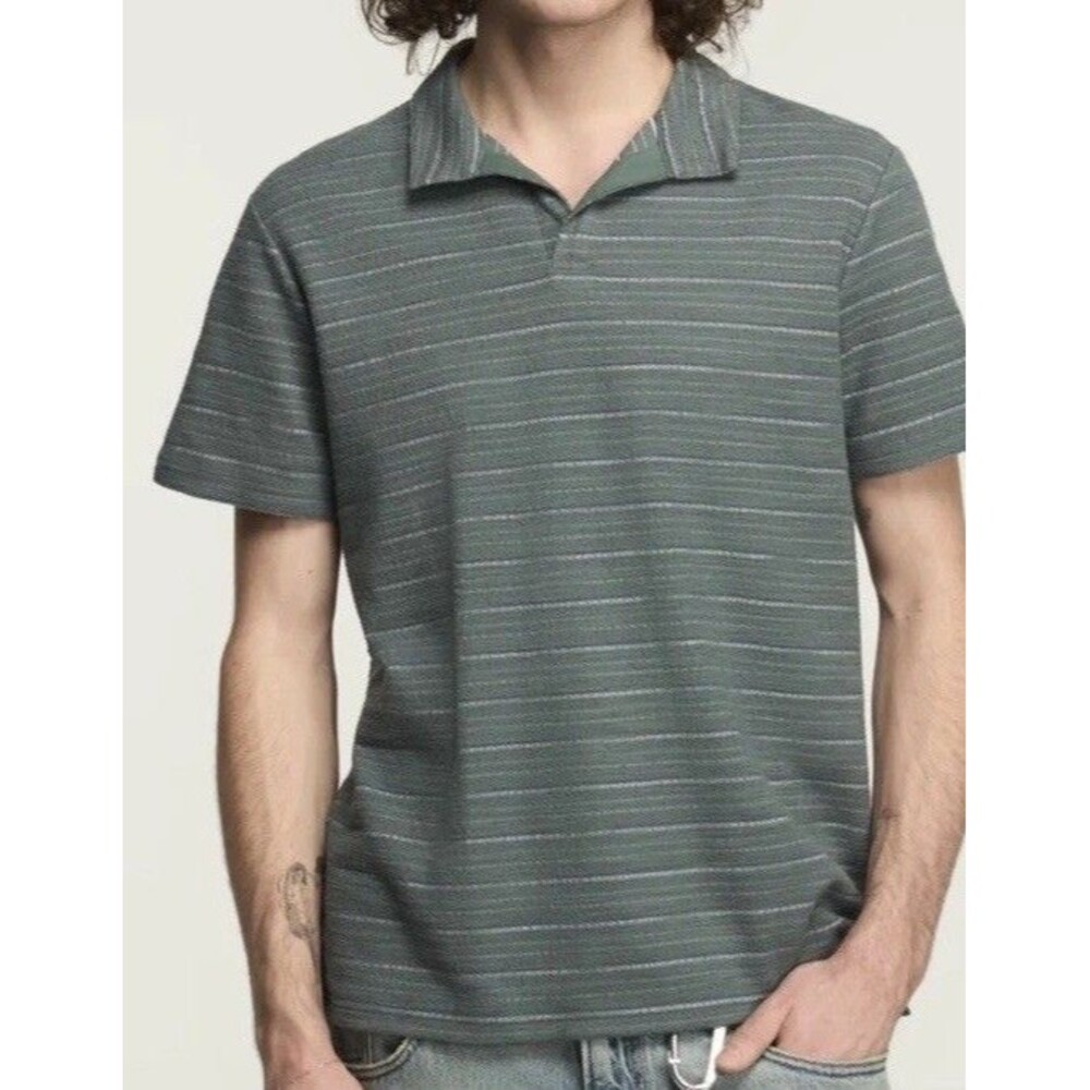 Lucky Brand Men’s XL Striped Polo Shirt Textured Slate Blue Travel Casual